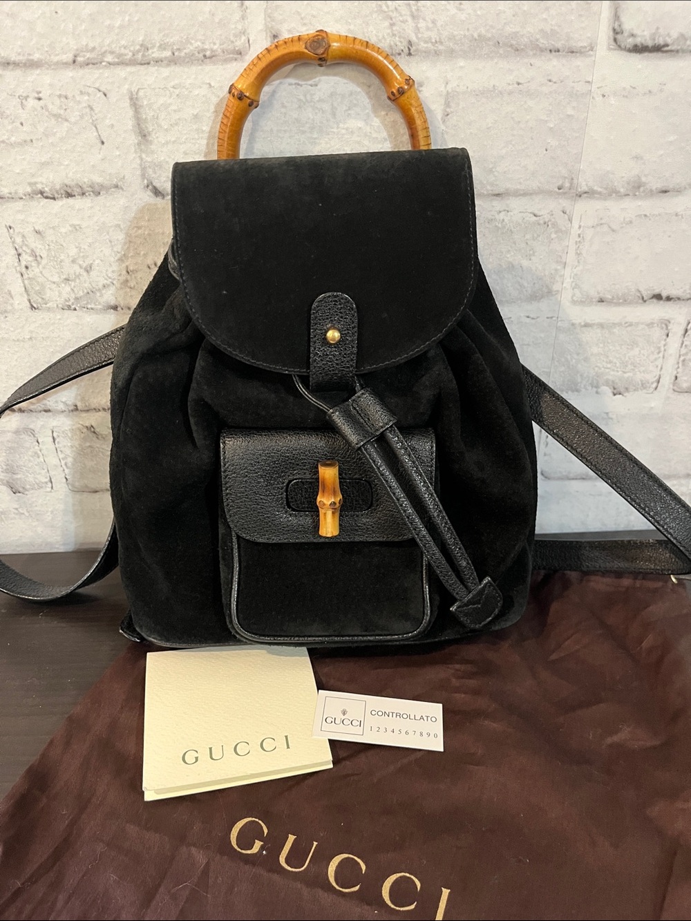 Gucci vtg black suede bamboo mini backpack